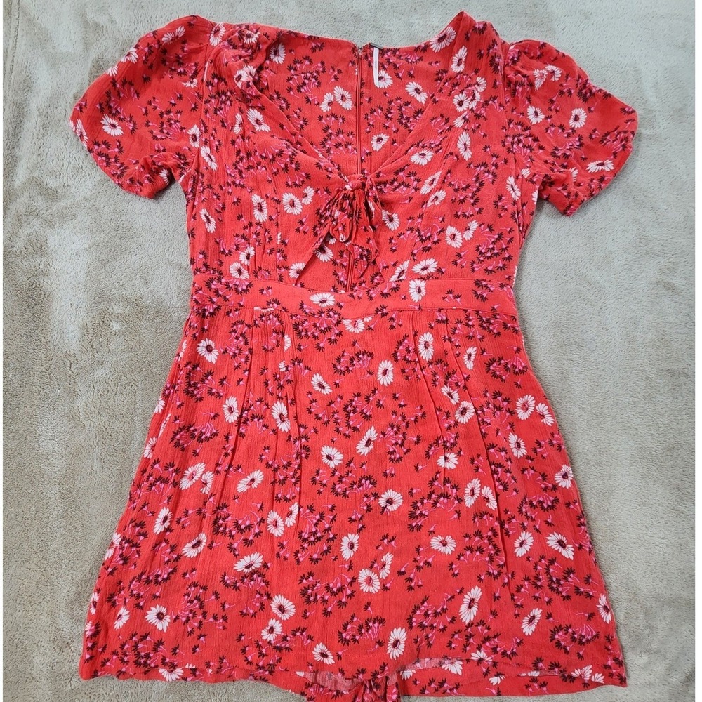 Free People Womens Romper Dress small Red Floral Front Tie V Neck Viscose Flower